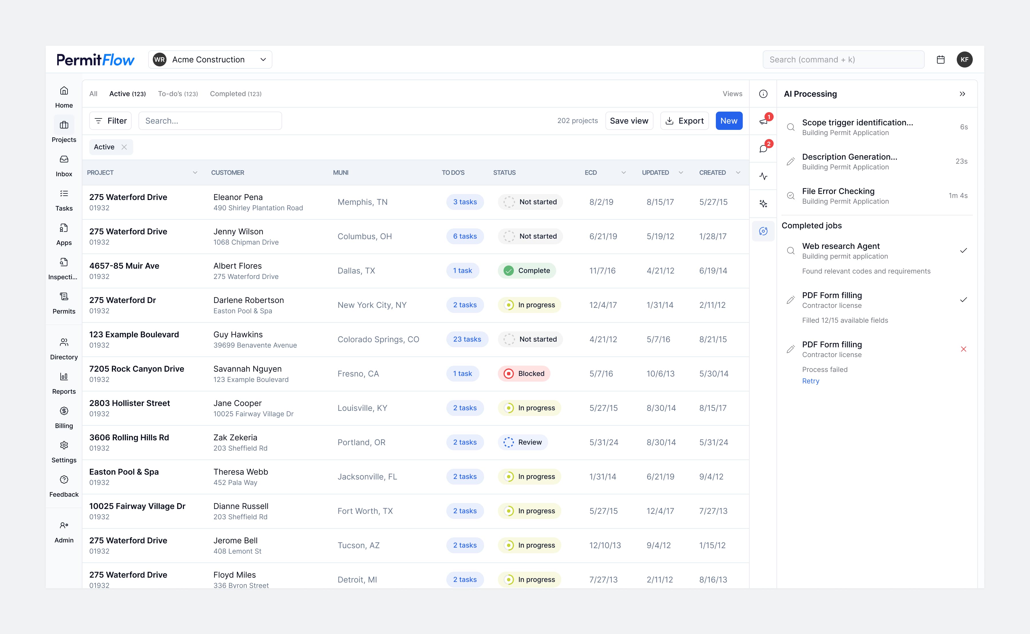 PermitFlow inspections interface