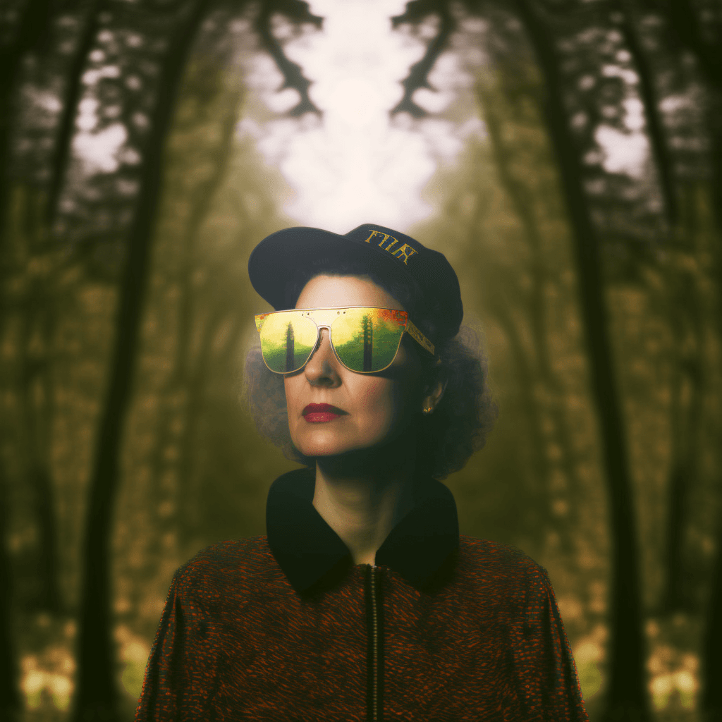 Woman in forest wearing sunglasses, in the style of Annie Leibowitz photo of Queen Elizabeth II